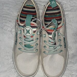 Hurley White Sneakers with Teal Accents and Striped Lining